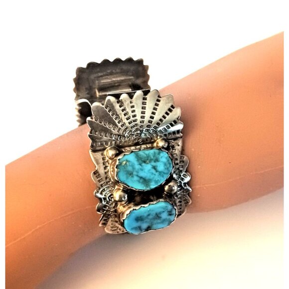 Vntg Signed Zuni 9pc Turquoise Watch Cuff Sterling 59g  (1585) - Picture 3 of 16